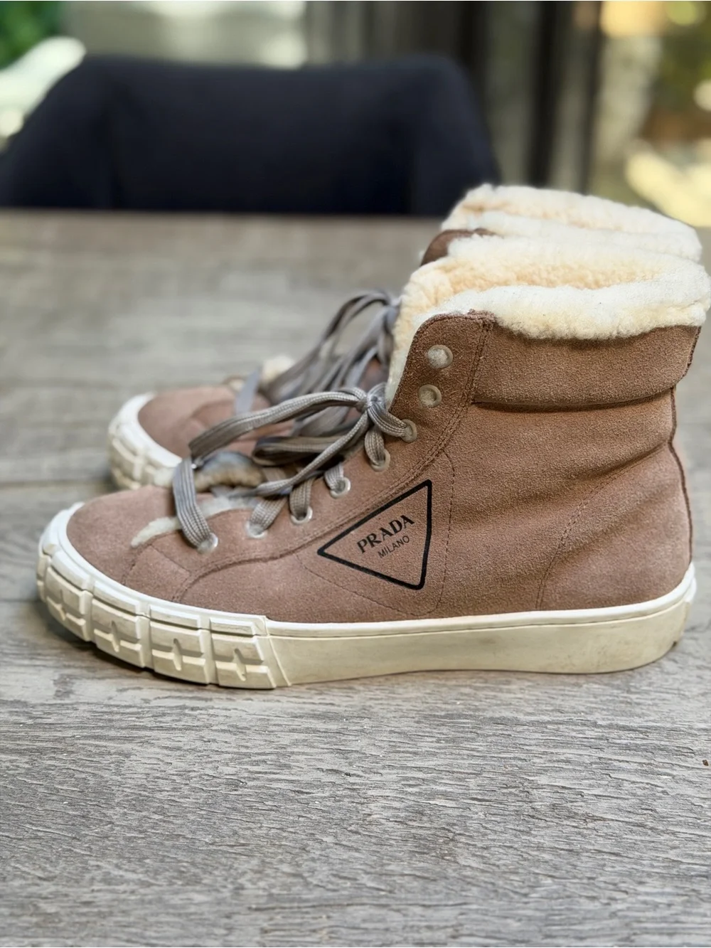 Prada Brown Suede Shearling-Lined Sneakers